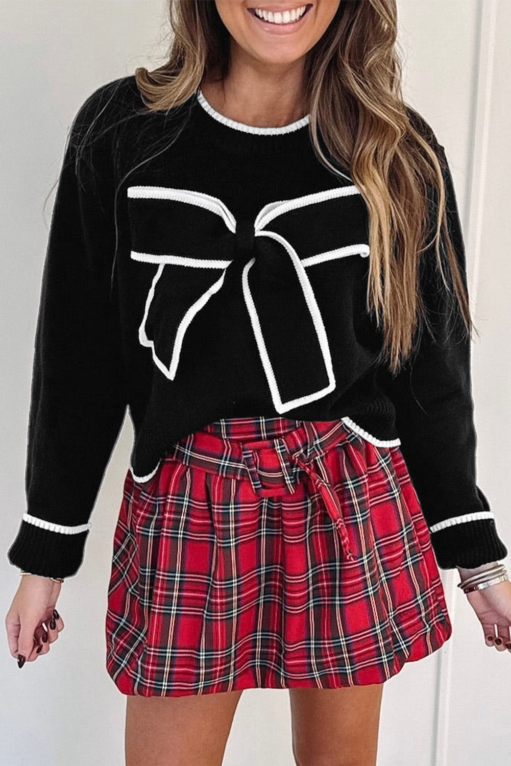 Black Contrast Bow Cropped Sweater
