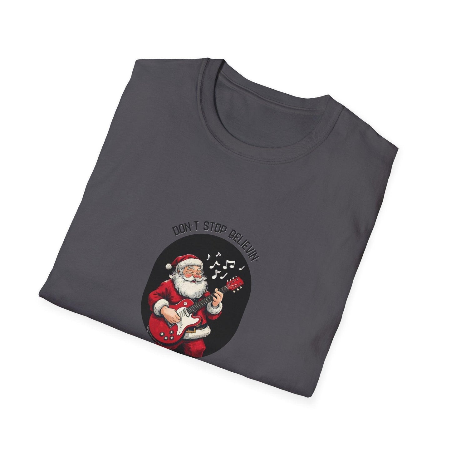 Don't Stop Believin': Santa's Rockin' Christmas Cheer! 🎅🎸🎄 - Unisex Softstyle T-shirt - Whippie's