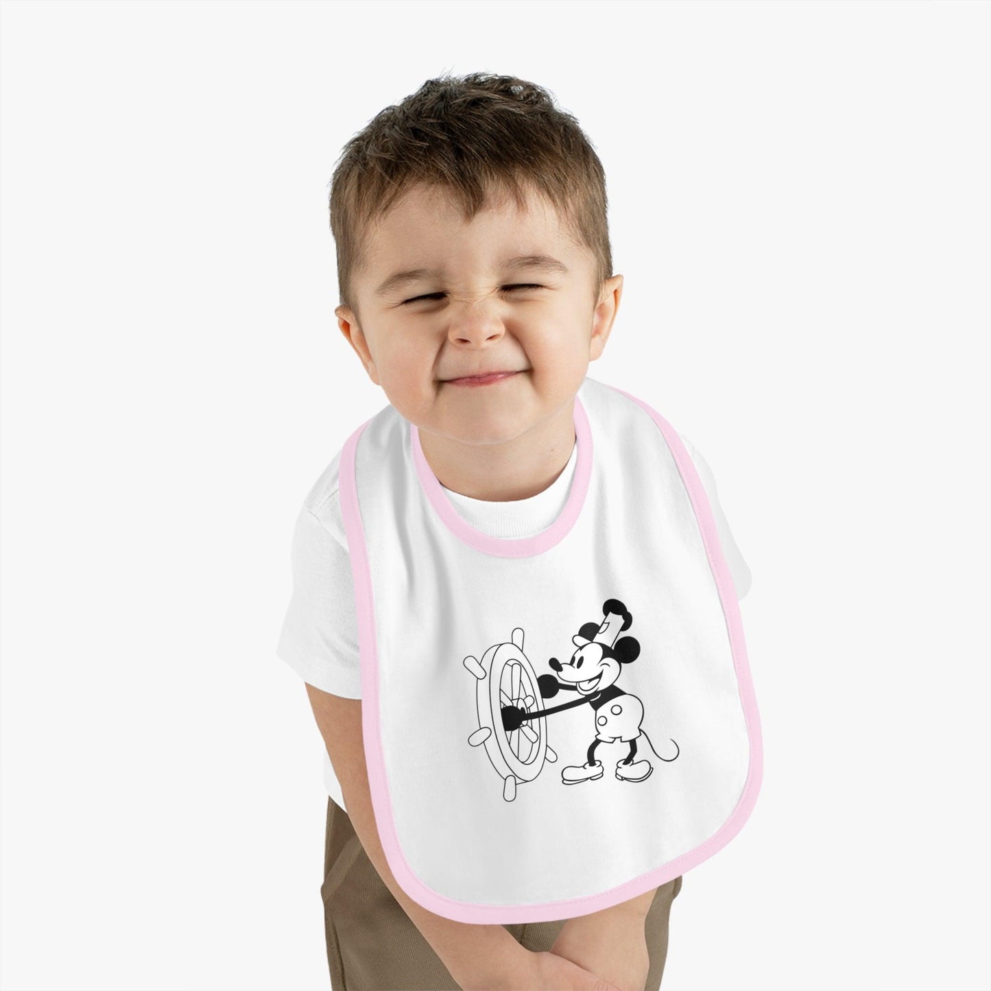 Steamboat Willie - Mealtime Magic! 🚢✨ Baby Contrast Trim Jersey Bib - Whippie's