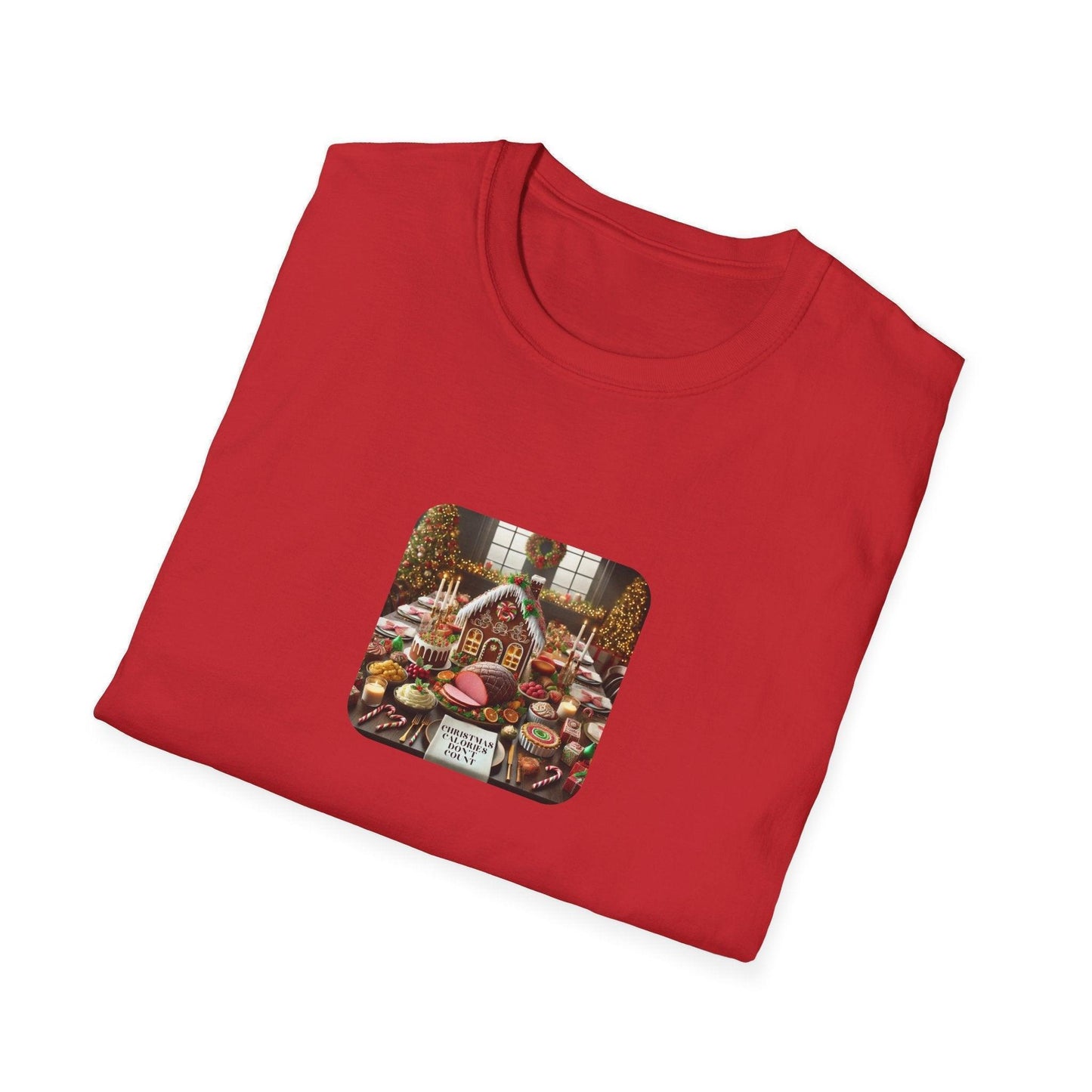 Christmas Calories Don’t Count 🎄 – Fun Festive Design with Gingerbread House & Holiday Feast - Unisex Softstyle Tee - Whippie's