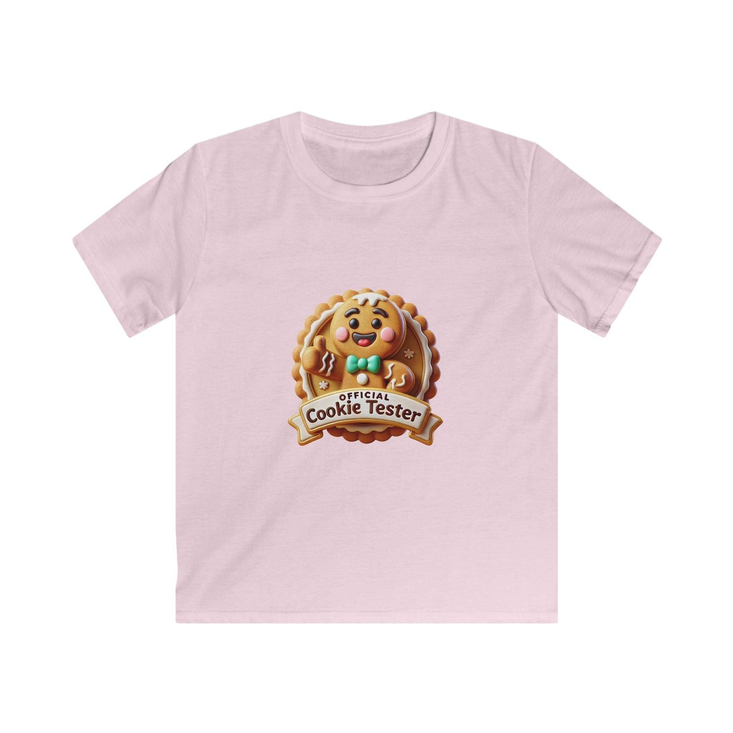 Official Cookie Tester 🍪 – Fun 3D Gingerbread Circle with Peekaboo Gingerbread Man - Kids Unisex Softstyle Tee - Whippie's