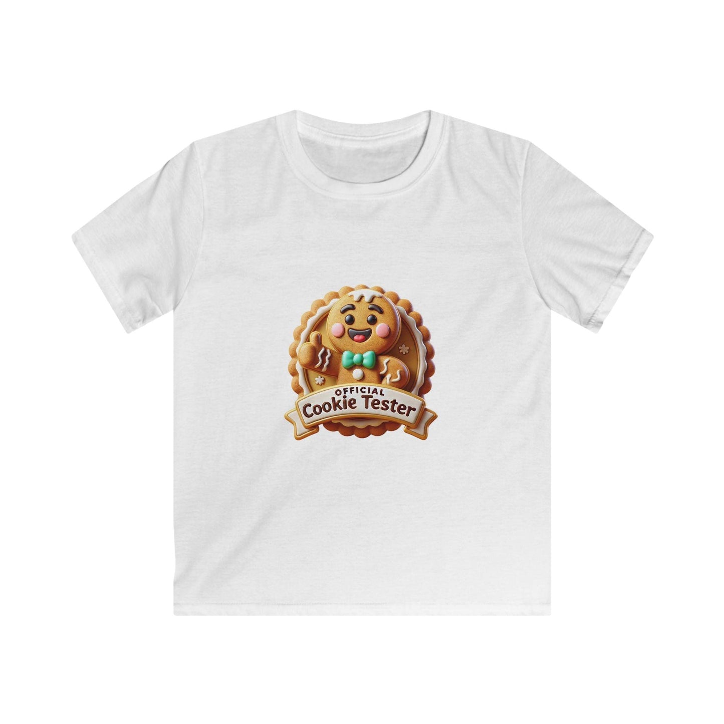 Official Cookie Tester 🍪 – Fun 3D Gingerbread Circle with Peekaboo Gingerbread Man - Kids Unisex Softstyle Tee - Whippie's