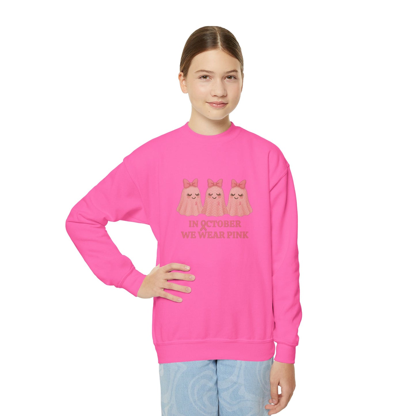 In October We Wear Pink: Cute Ghost Youth Crewneck - Whippie's