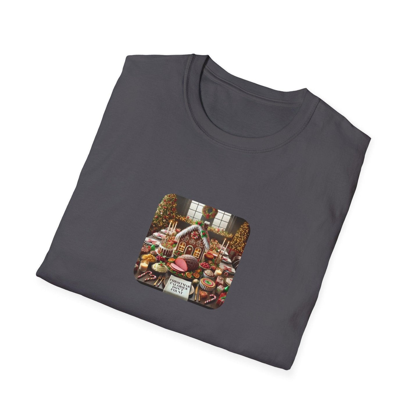 Christmas Calories Don’t Count 🎄 – Fun Festive Design with Gingerbread House & Holiday Feast - Unisex Softstyle Tee - Whippie's