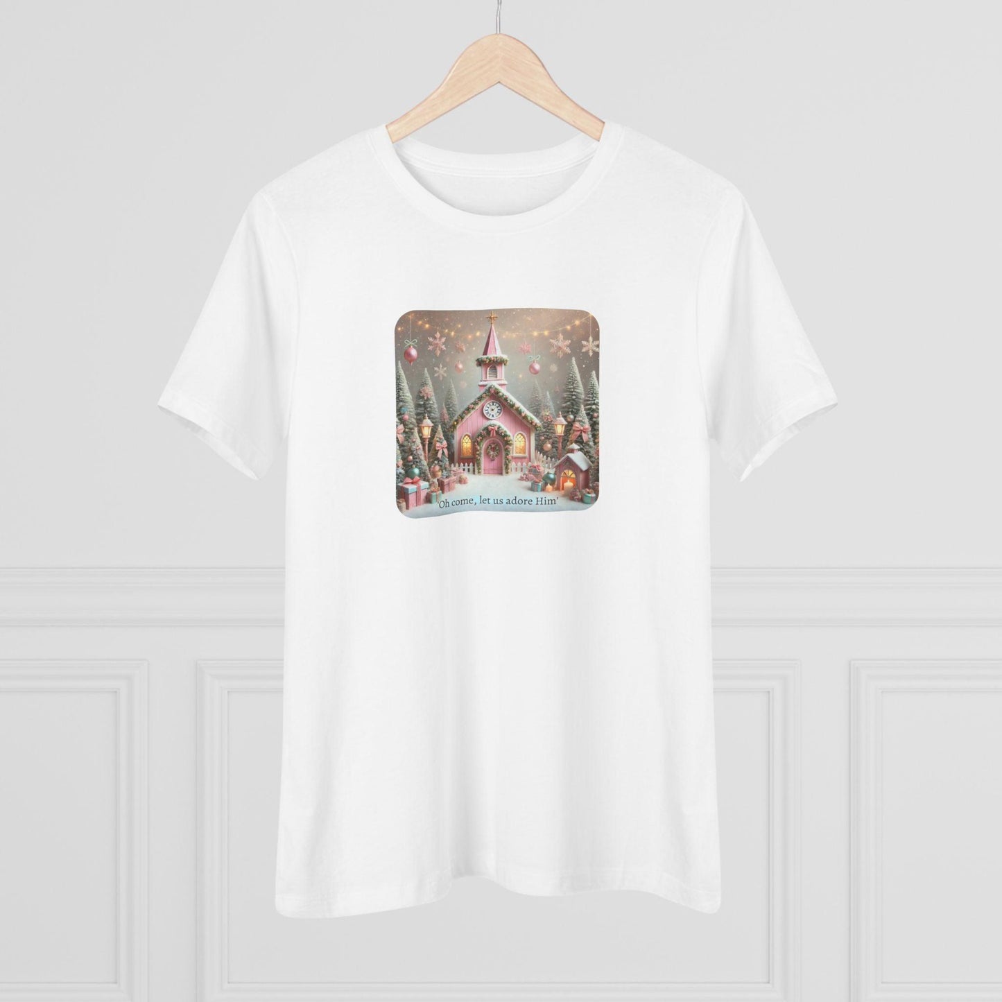 💖🏡 Pink Christmas Village - Oh Come, Let Us Adore Him ✨🎄 - Women's Softstyle Tee - Whippie's