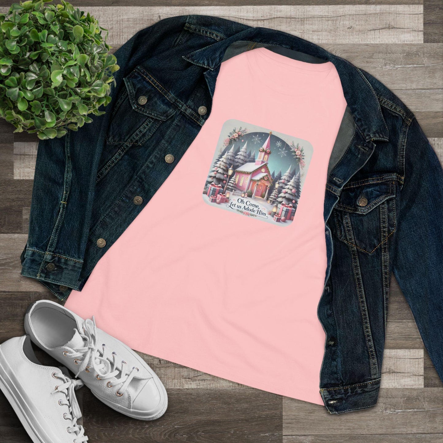 💖⛪ Pink Church - Oh Come, Let Us Adore Him ❄️🎁 - Women's Softstyle Tee - Whippie's