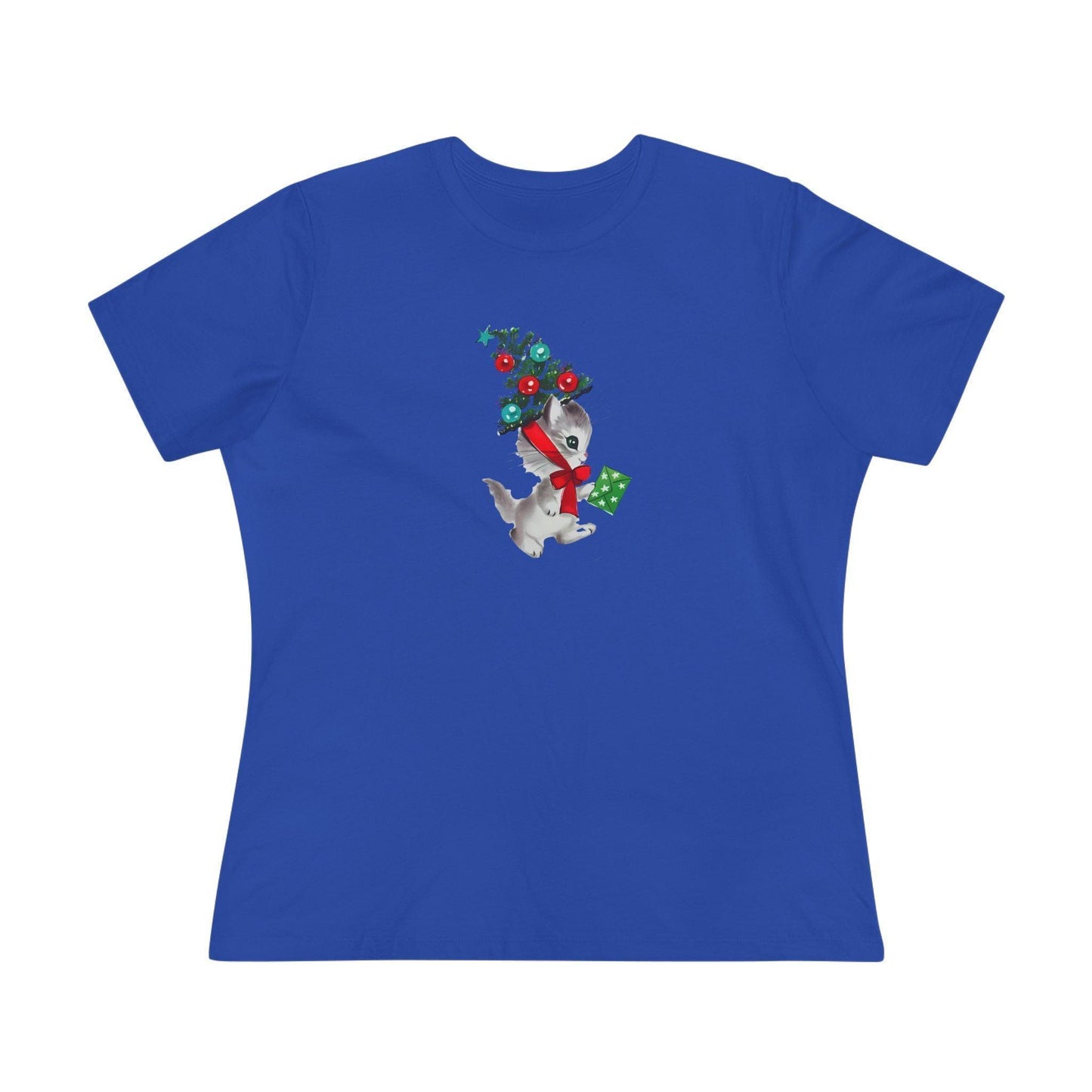 Kittie with Christmas Tree Hat and Card - Women's Softstyle Tee - Whippie's