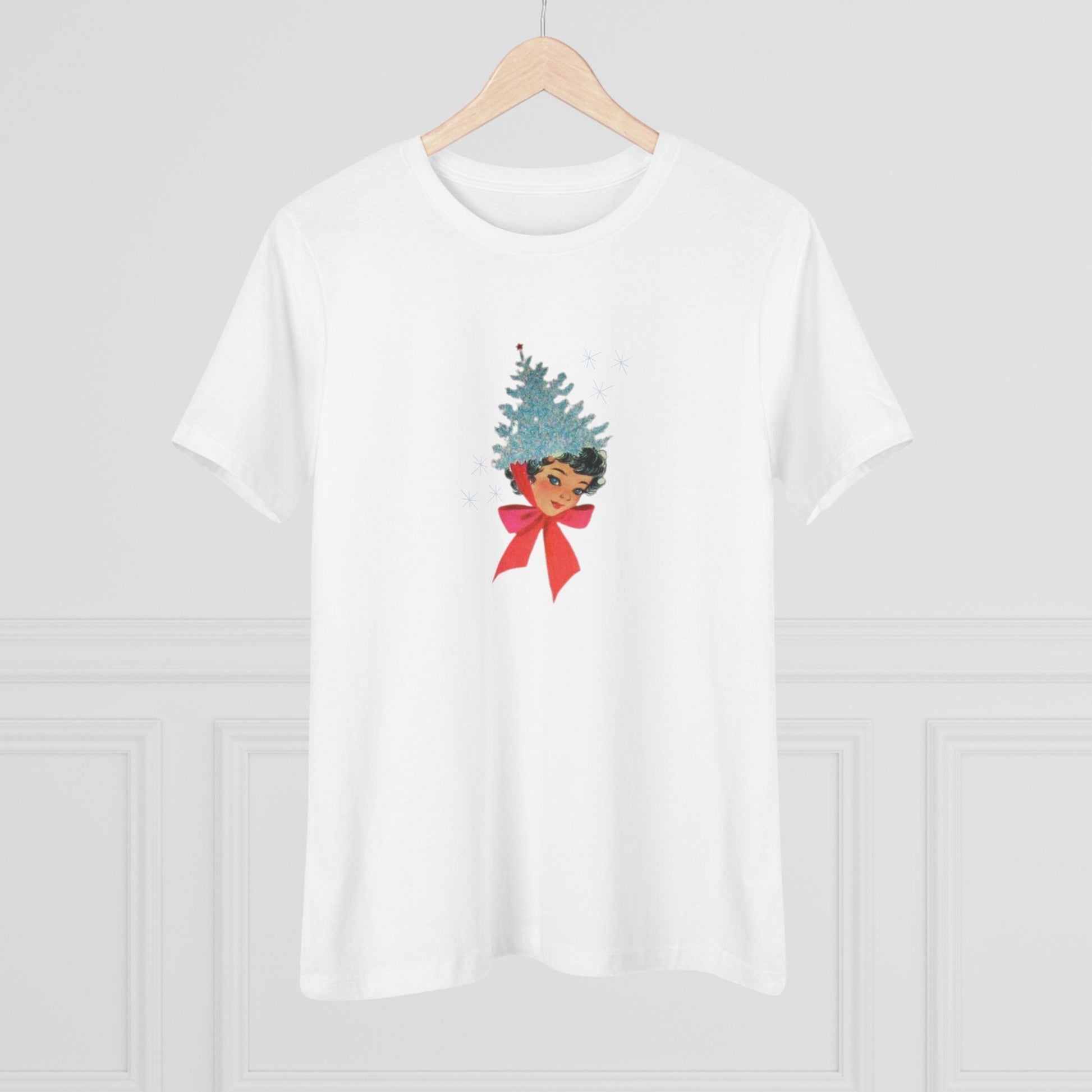 Retro Lady with Tinsel Christmas Tree Hat - Women's Tee - Whippie's