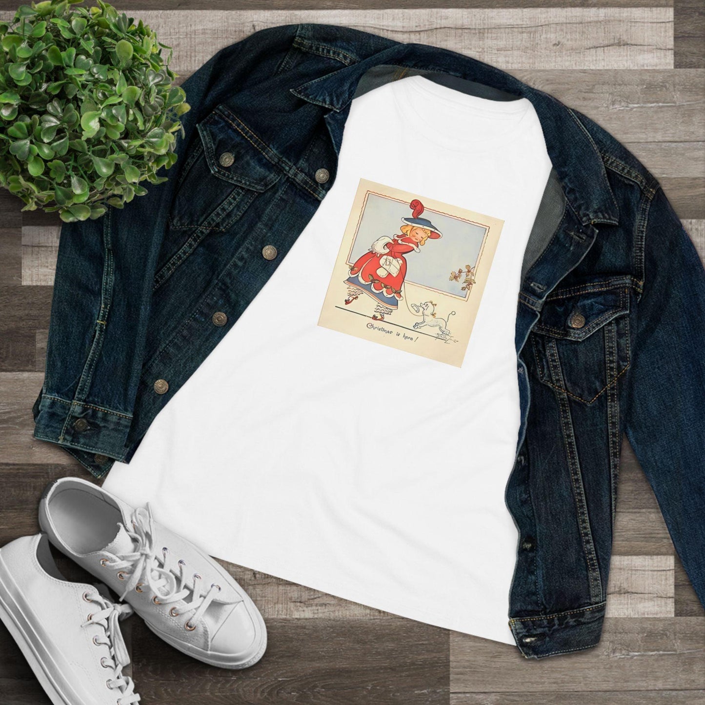 Christmas is Here - Vintage Girl with Poodle - Women's Softstyle Tee - Whippie's