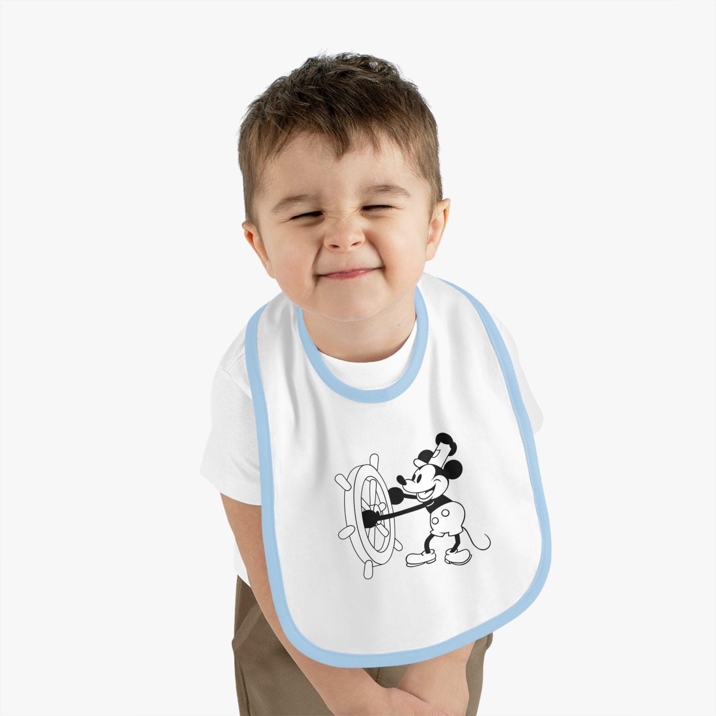 Steamboat Willie - Mealtime Magic! 🚢✨ Baby Contrast Trim Jersey Bib - Whippie's