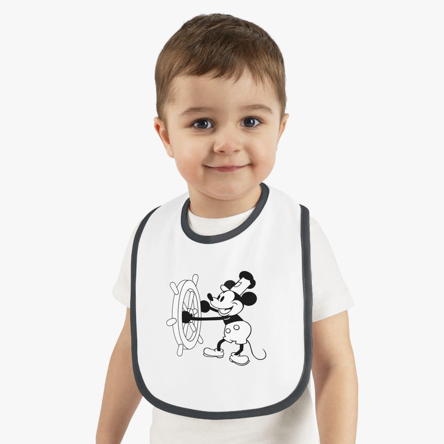 Steamboat Willie - Mealtime Magic! 🚢✨ Baby Contrast Trim Jersey Bib - Whippie's