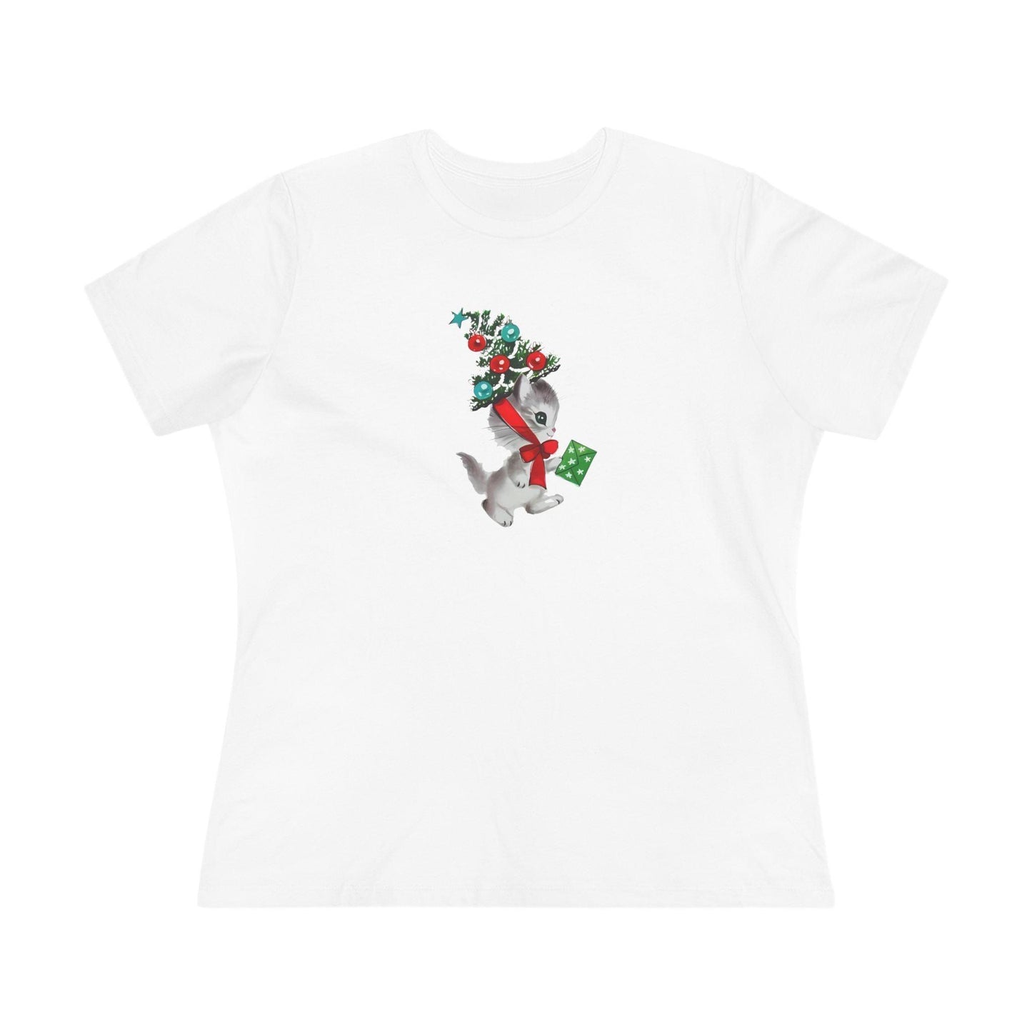 Kittie with Christmas Tree Hat and Card - Women's Softstyle Tee - Whippie's
