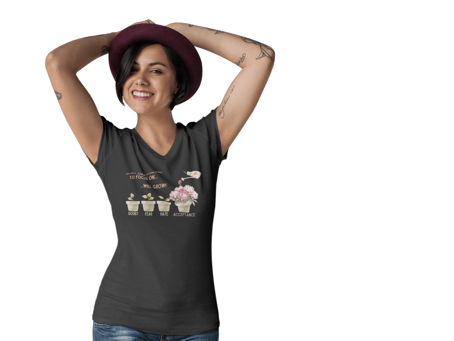 What You Choose to Focus On... Will Grow!" V-Neck Tee - 🌱 Cultivate Positivity and Style! 🌱 - Whippie's