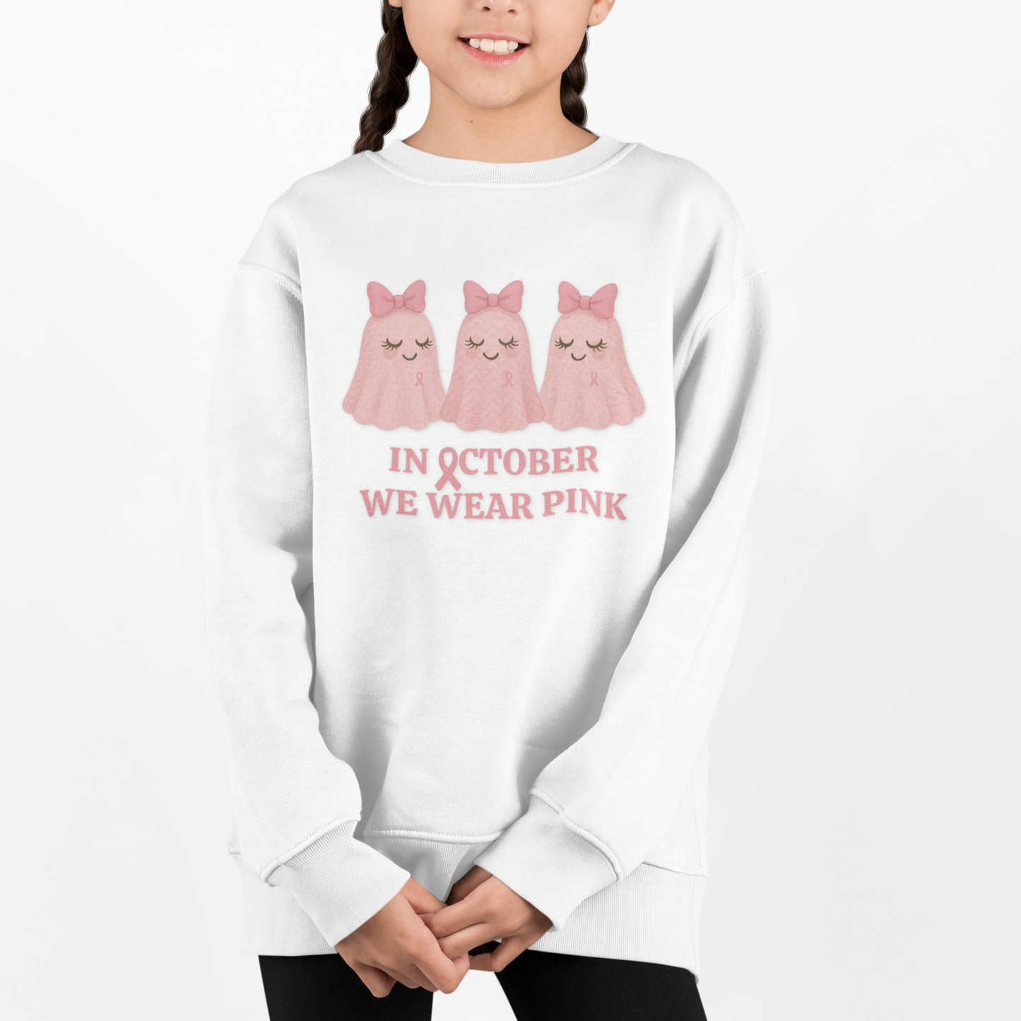 In October We Wear Pink: Cute Ghost Youth Crewneck - Whippie's