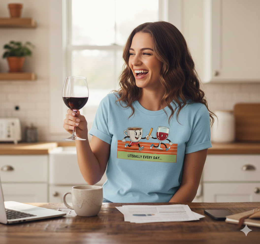Literally Everyday Unisex Jersey Tee - ☕🏃♀️🍷 From Coffee to Cocktails: It's a Relay Race! 🍷🏃♀️☕