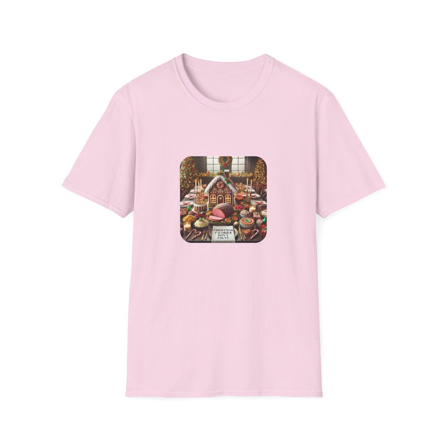 Christmas Calories Don’t Count 🎄 – Fun Festive Design with Gingerbread House & Holiday Feast - Unisex Softstyle Tee - Whippie's