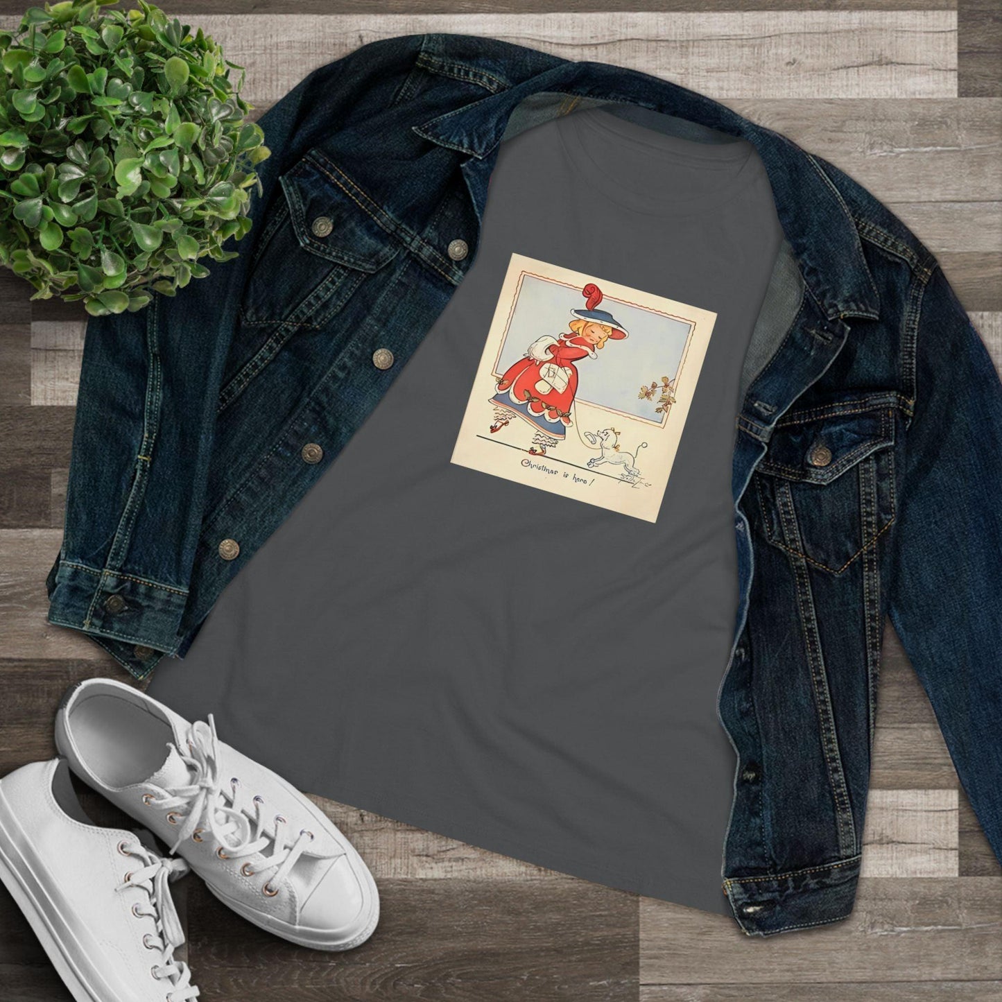 Christmas is Here - Vintage Girl with Poodle - Women's Softstyle Tee - Whippie's