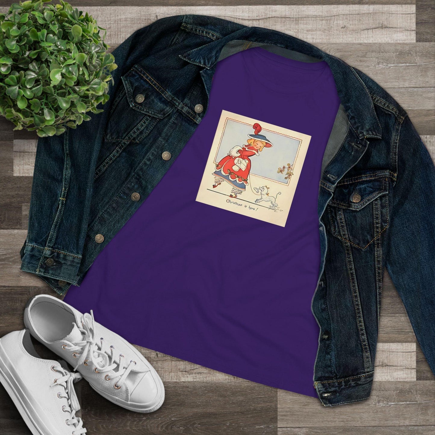Christmas is Here - Vintage Girl with Poodle - Women's Softstyle Tee - Whippie's