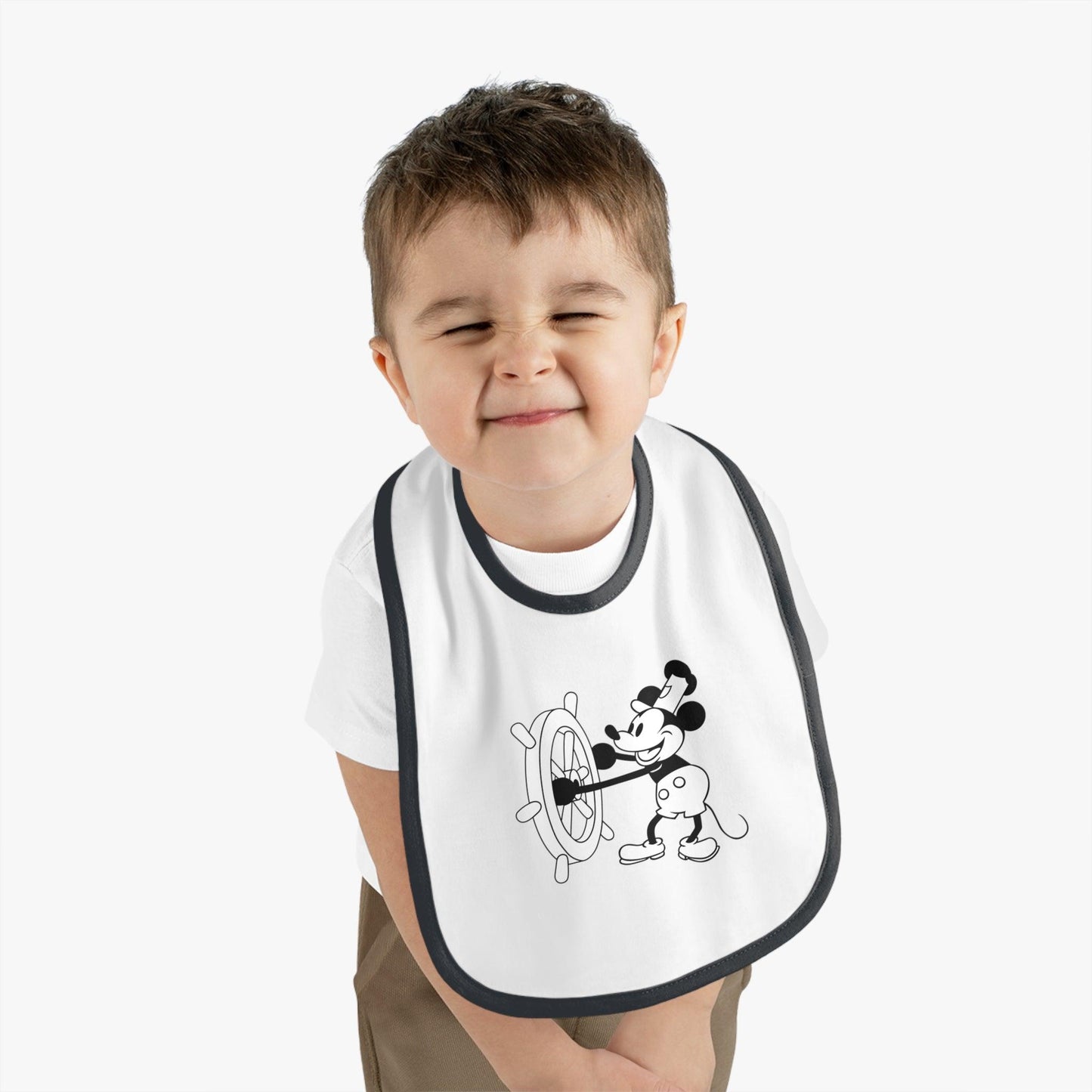 Steamboat Willie - Mealtime Magic! 🚢✨ Baby Contrast Trim Jersey Bib - Whippie's