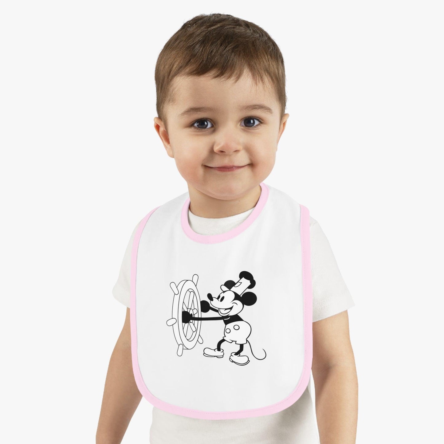 Steamboat Willie - Mealtime Magic! 🚢✨ Baby Contrast Trim Jersey Bib - Whippie's