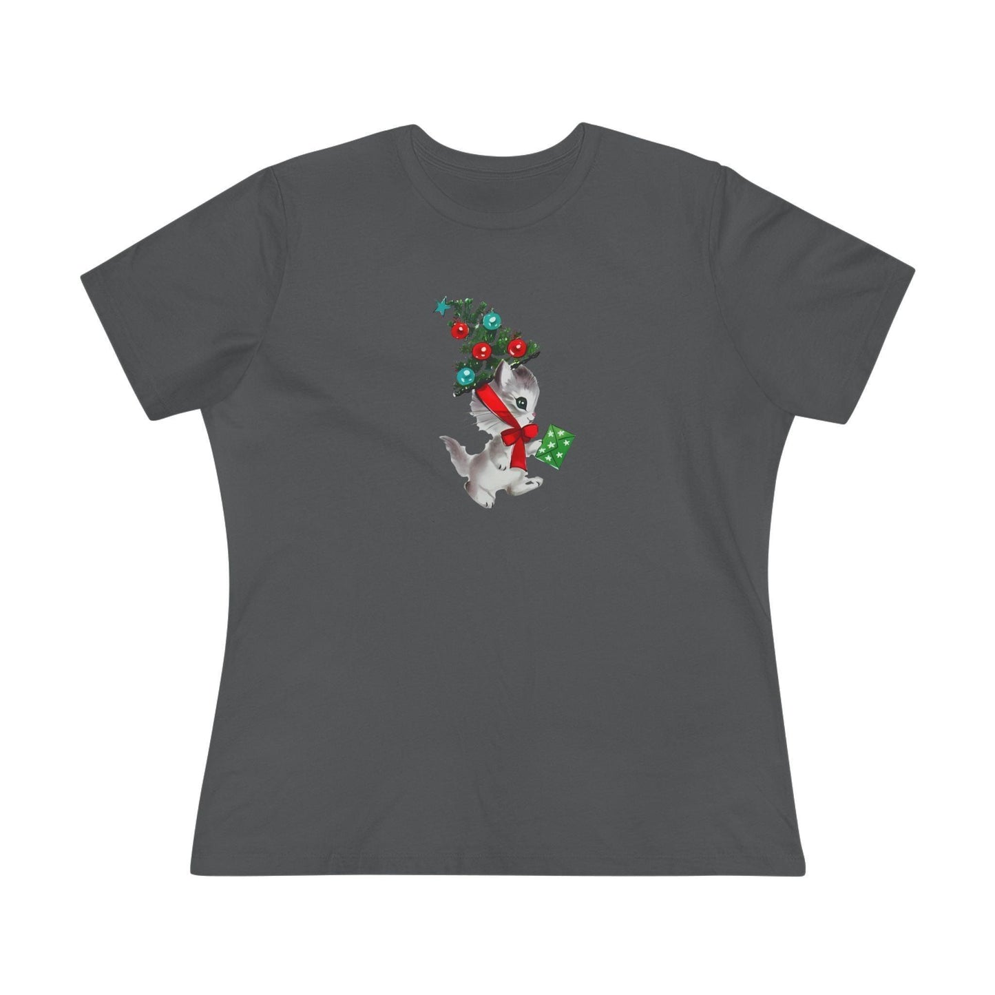 Kittie with Christmas Tree Hat and Card - Women's Softstyle Tee - Whippie's
