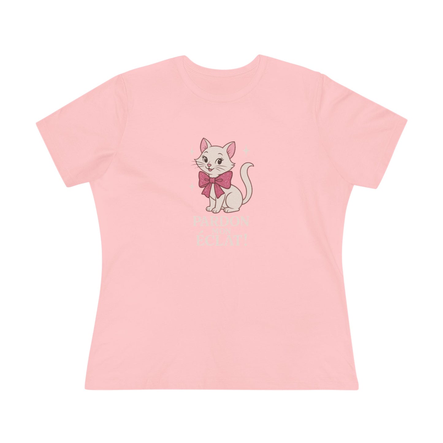 Pardon Mon Éclat White Sparkly Cat with Pink Bow Women's Tee - Whippie's