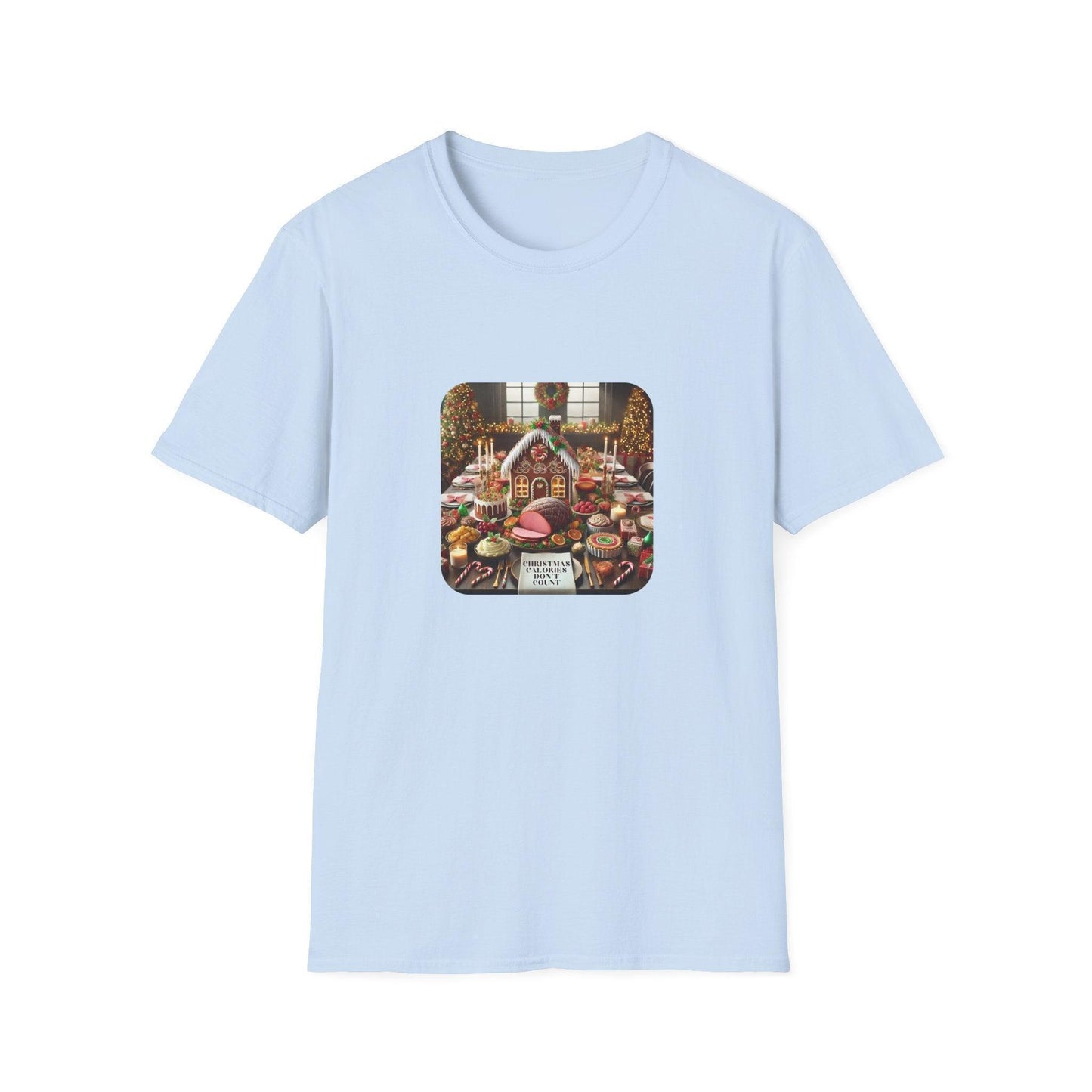 Christmas Calories Don’t Count 🎄 – Fun Festive Design with Gingerbread House & Holiday Feast - Unisex Softstyle Tee - Whippie's