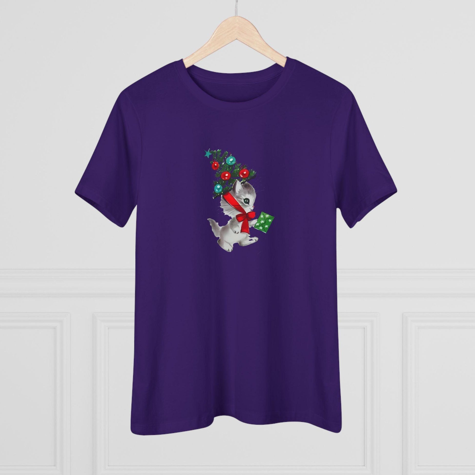 Kittie with Christmas Tree Hat and Card - Women's Softstyle Tee - Whippie's