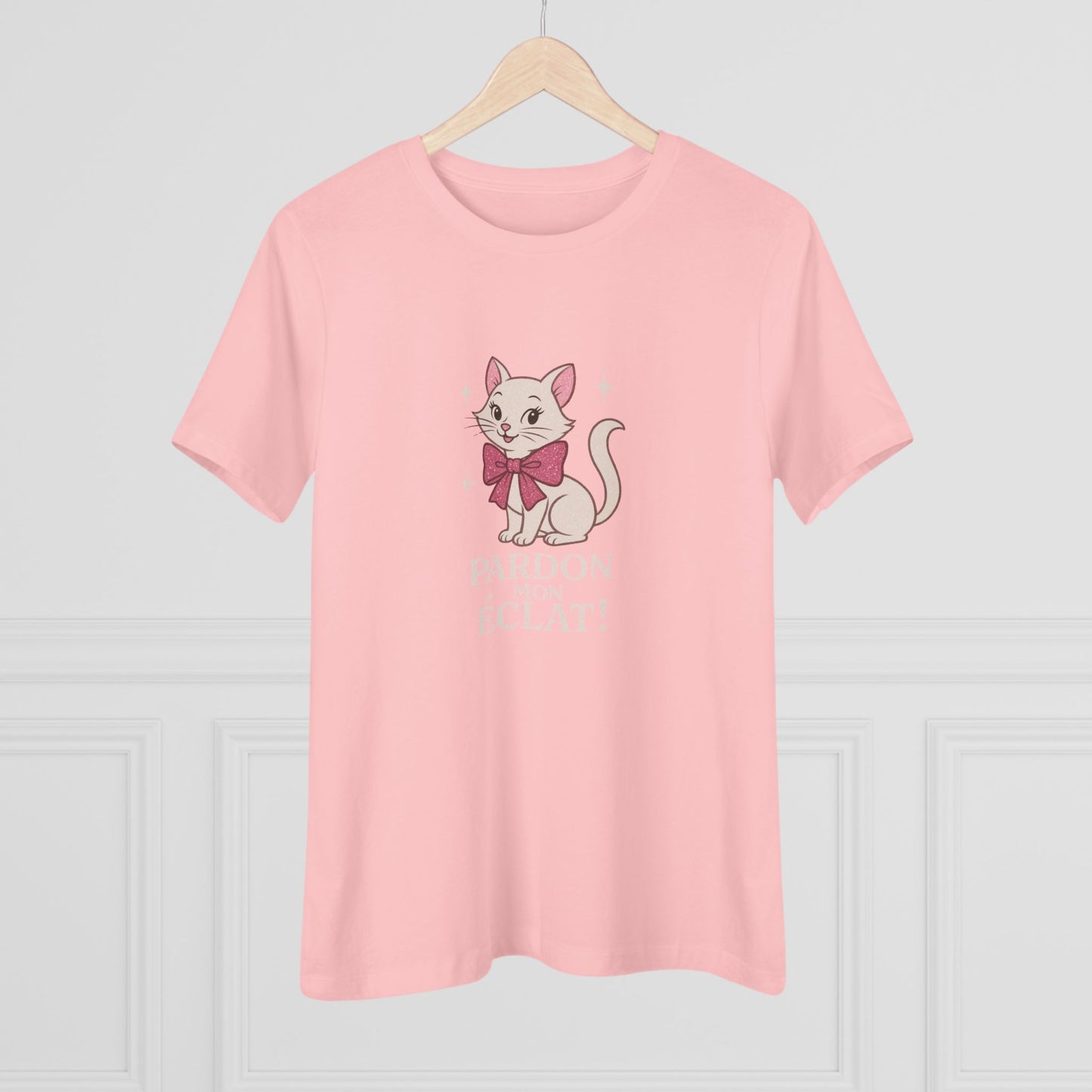 Pardon Mon Éclat White Sparkly Cat with Pink Bow Women's Tee - Whippie's