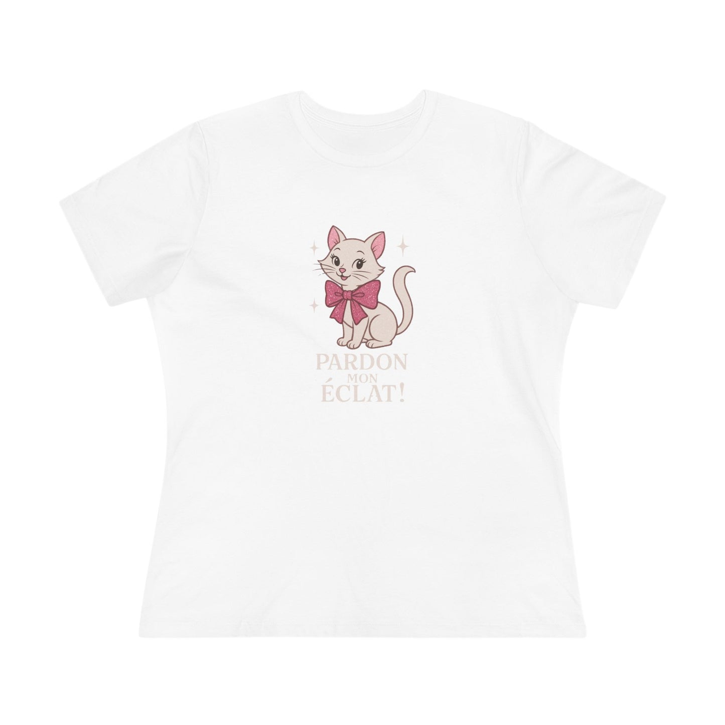 Pardon Mon Éclat White Sparkly Cat with Pink Bow Women's Tee - Whippie's