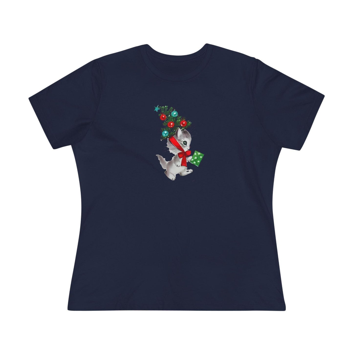 Kittie with Christmas Tree Hat and Card - Women's Softstyle Tee - Whippie's