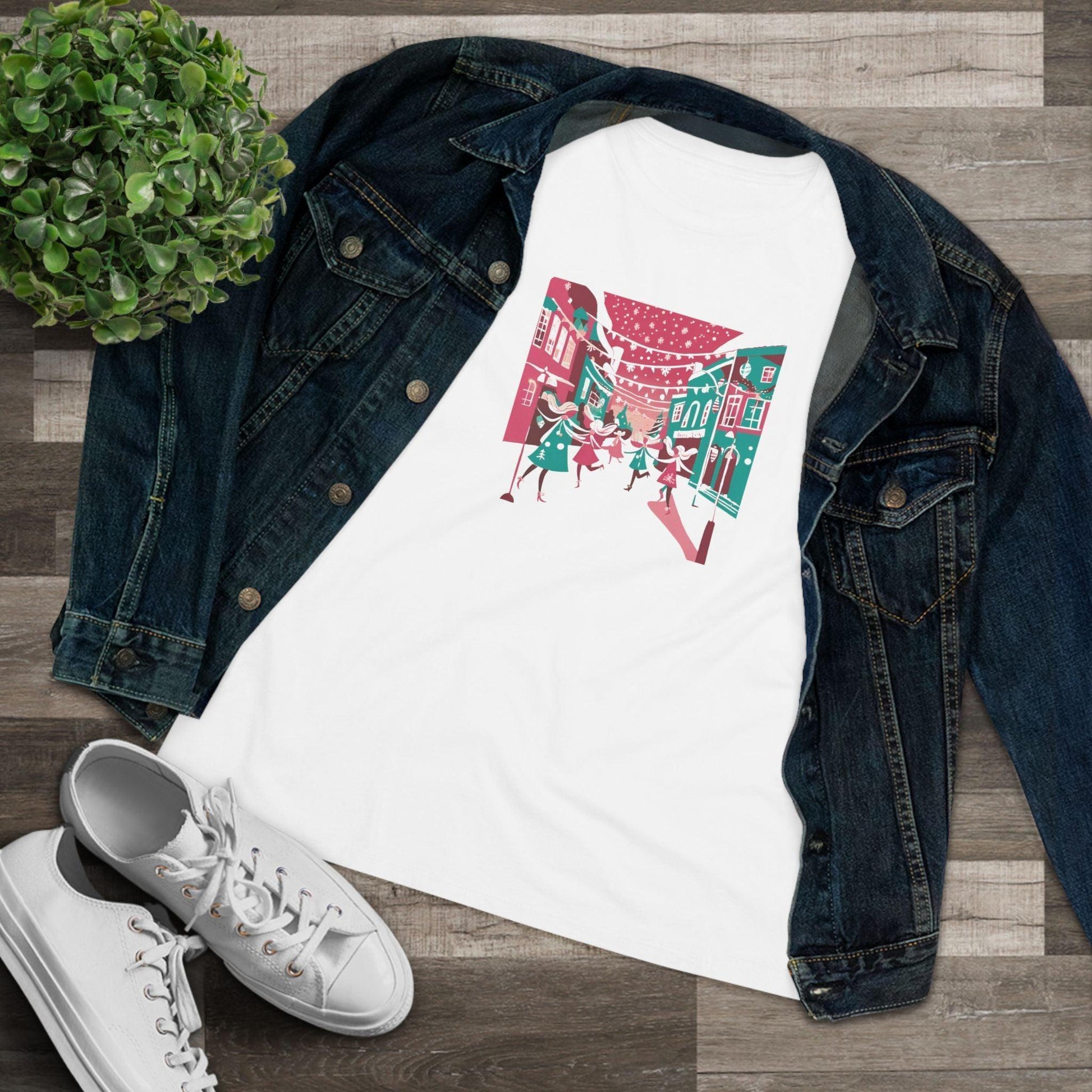 Pink and Teal Holiday Village - Women's Softstyle Tee - Whippie's