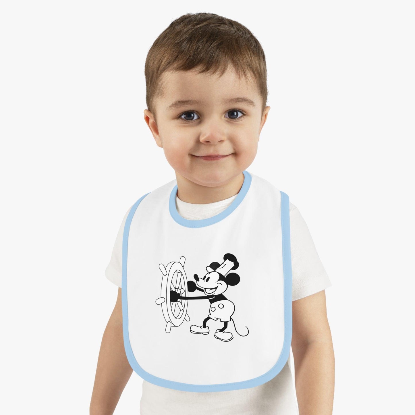 Steamboat Willie - Mealtime Magic! 🚢✨ Baby Contrast Trim Jersey Bib - Whippie's