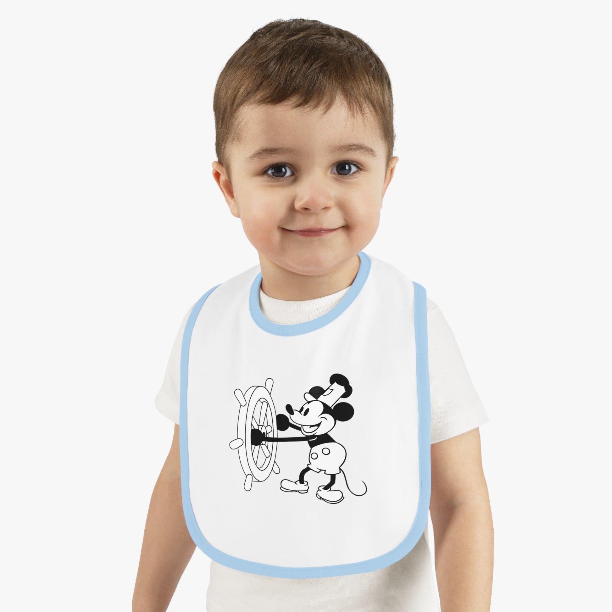 Steamboat Willie - Mealtime Magic! 🚢✨ Baby Contrast Trim Jersey Bib - Whippie's