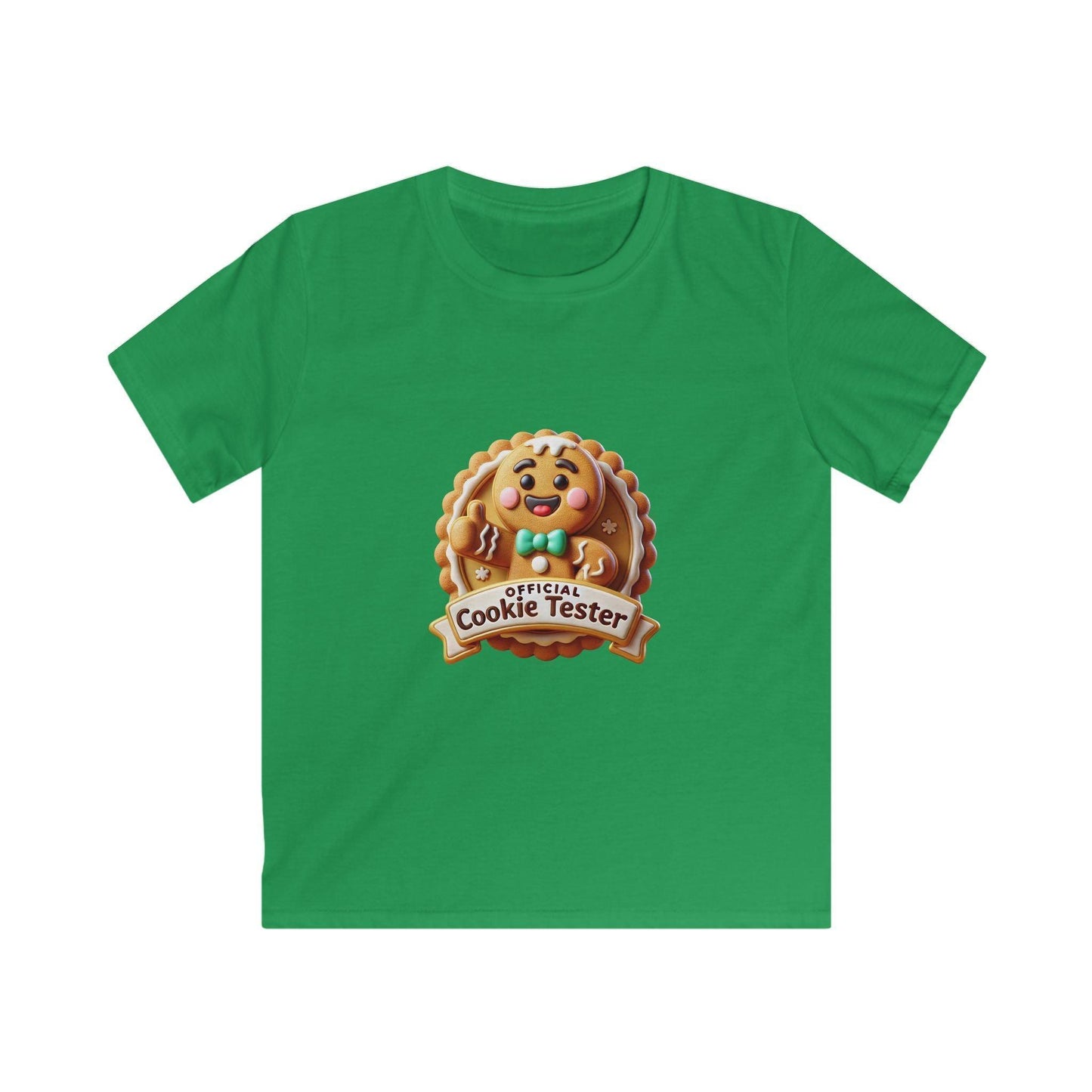 Official Cookie Tester 🍪 – Fun 3D Gingerbread Circle with Peekaboo Gingerbread Man - Kids Unisex Softstyle Tee - Whippie's
