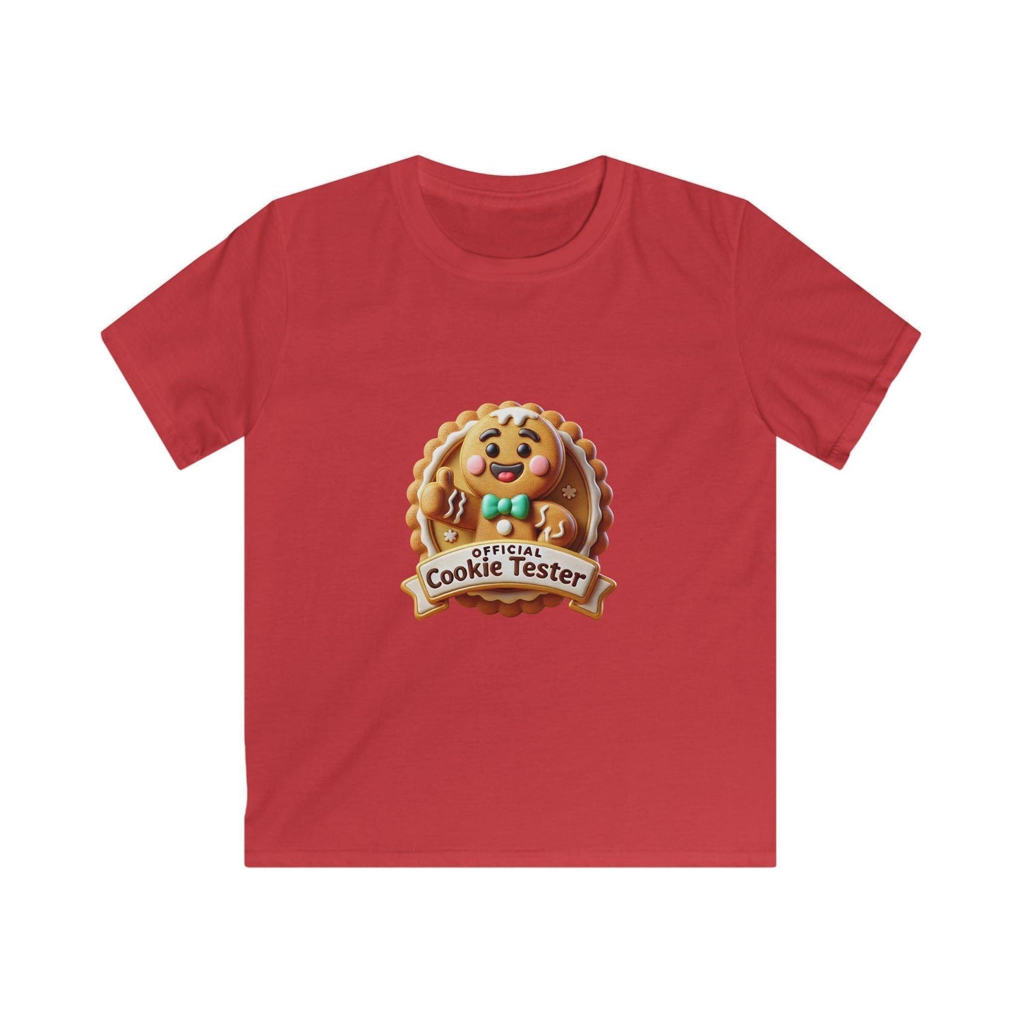 Official Cookie Tester 🍪 – Fun 3D Gingerbread Circle with Peekaboo Gingerbread Man - Kids Unisex Softstyle Tee - Whippie's