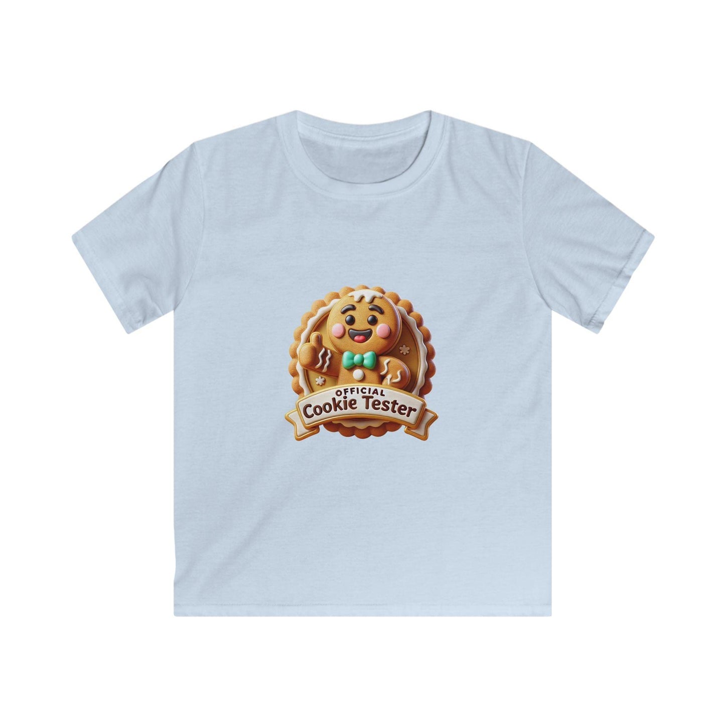 Official Cookie Tester 🍪 – Fun 3D Gingerbread Circle with Peekaboo Gingerbread Man - Kids Unisex Softstyle Tee - Whippie's