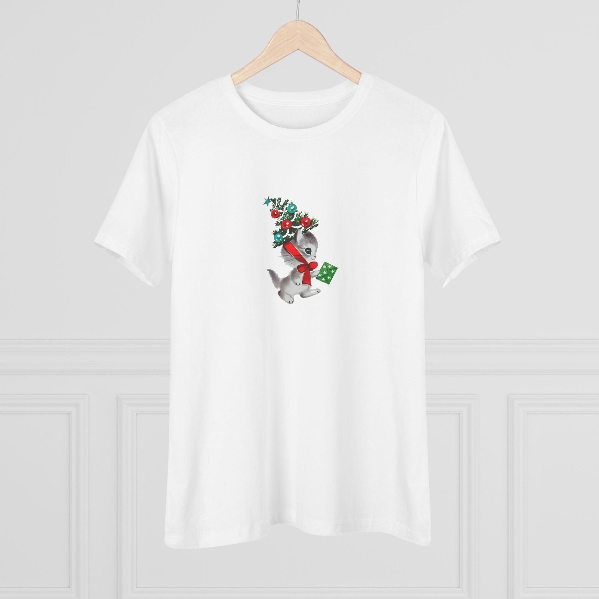 Retro Kittie with Tinsel Christmas Tree Hat - Women's Tee - Whippie's