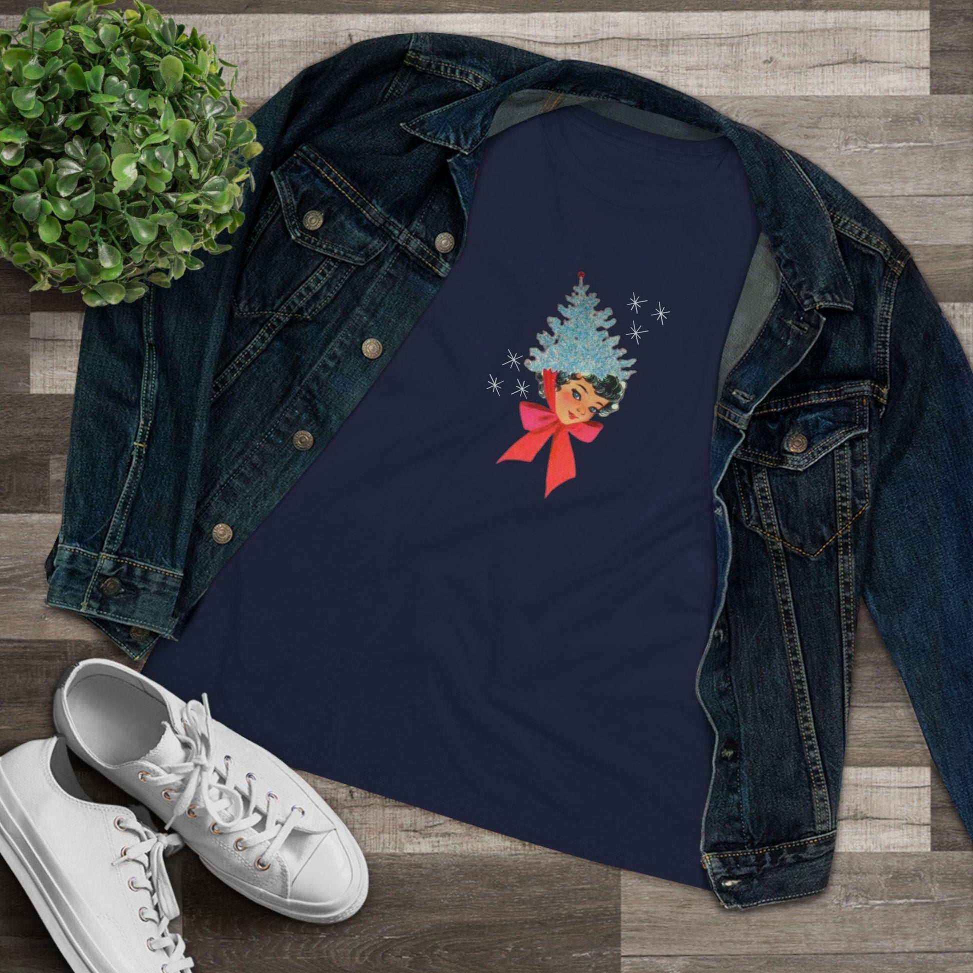 Retro Lady with Tinsel Christmas Tree Hat - Women's Tee - Whippie's