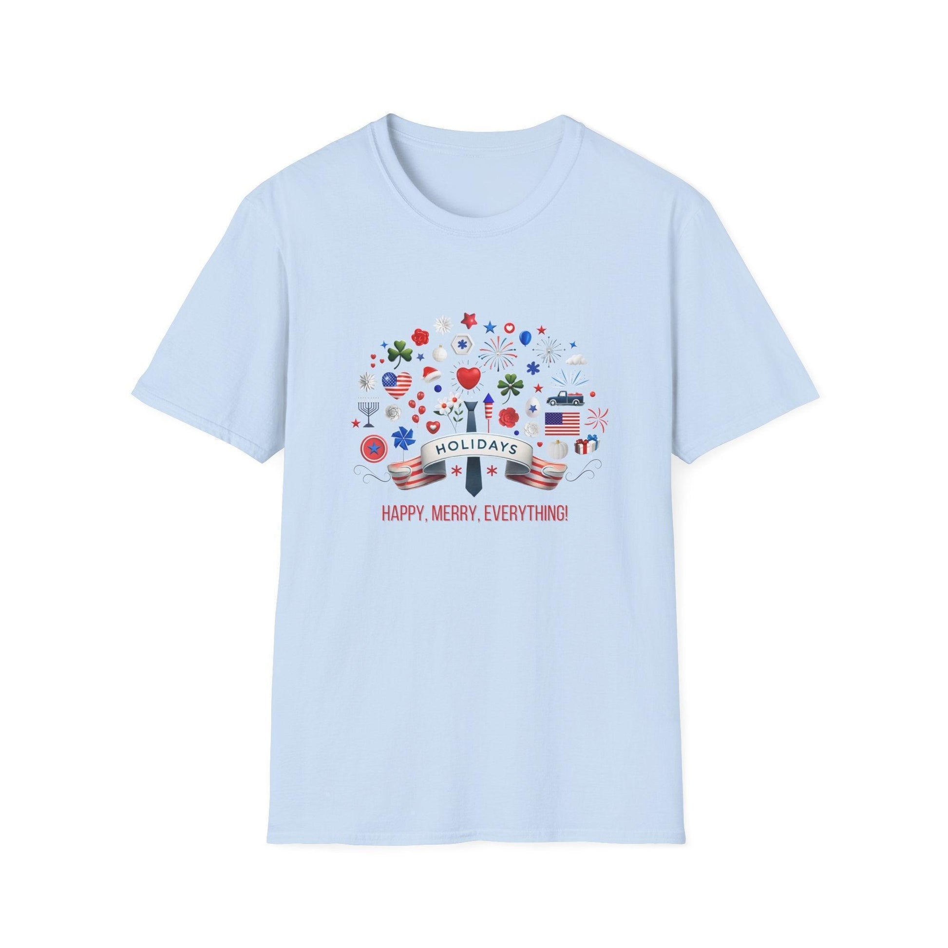 Merry Happy Everything 🎉 Unisex T-Shirt - Red, White & Blue Holiday Cheer! - Whippie's