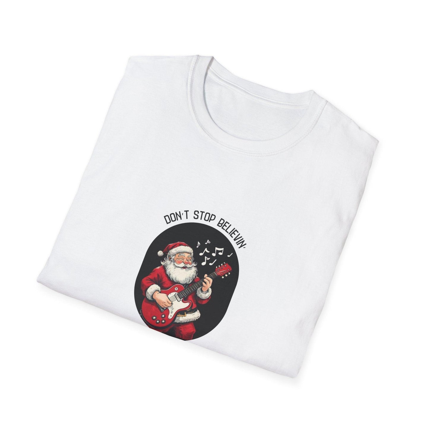Don't Stop Believin': Santa's Rockin' Christmas Cheer! 🎅🎸🎄 - Unisex Softstyle T-shirt - Whippie's
