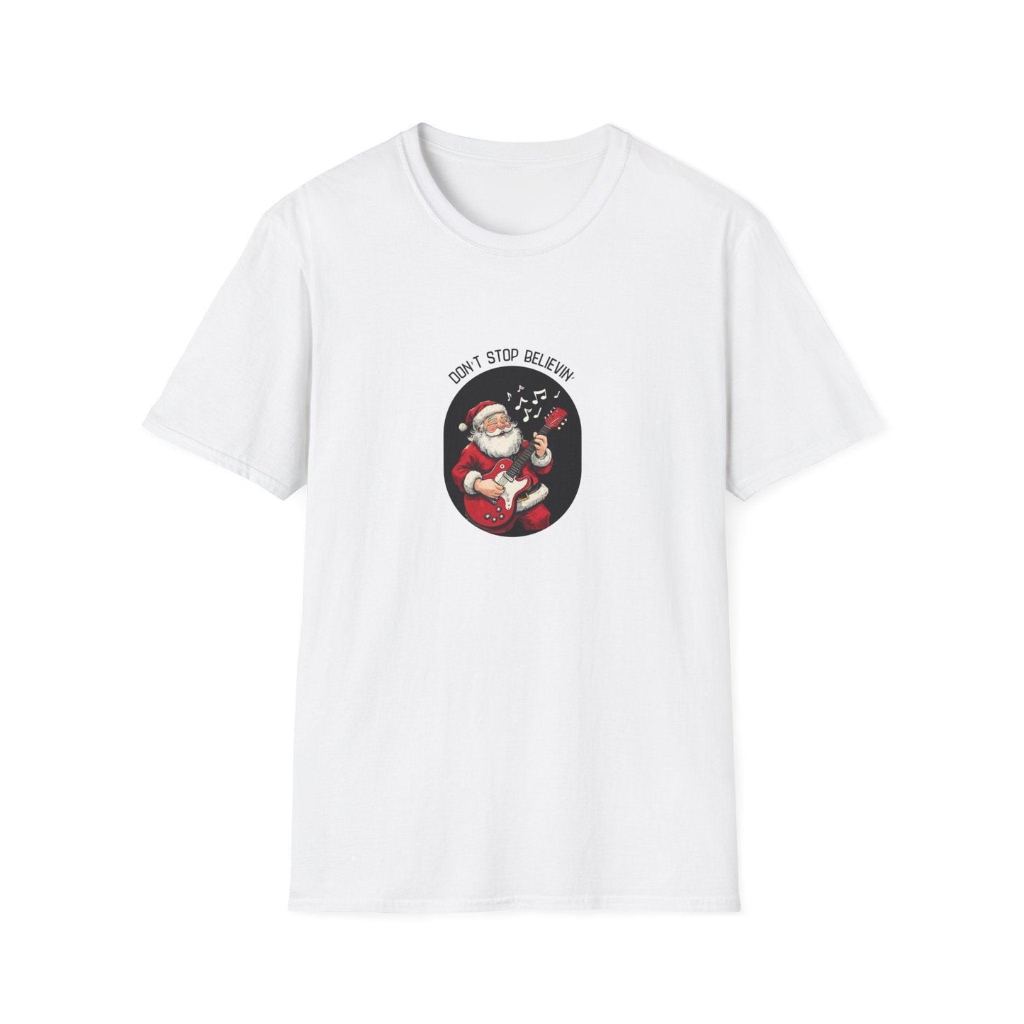 Don't Stop Believin': Santa's Rockin' Christmas Cheer! 🎅🎸🎄 - Unisex Softstyle T-shirt - Whippie's