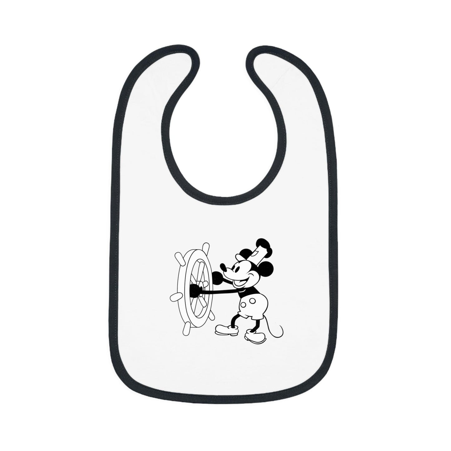 Steamboat Willie - Mealtime Magic! 🚢✨ Baby Contrast Trim Jersey Bib - Whippie's