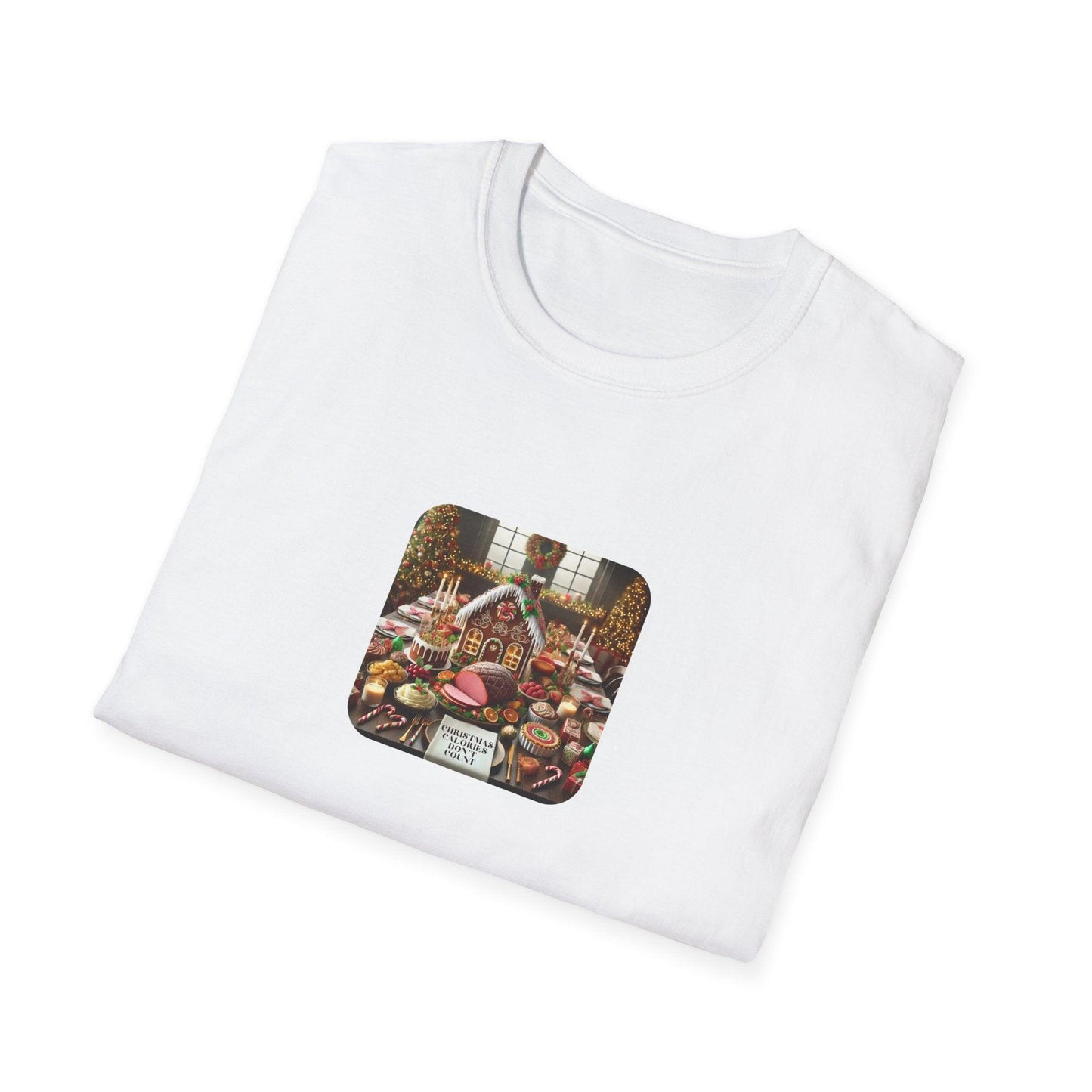 Christmas Calories Don’t Count 🎄 – Fun Festive Design with Gingerbread House & Holiday Feast - Unisex Softstyle Tee - Whippie's