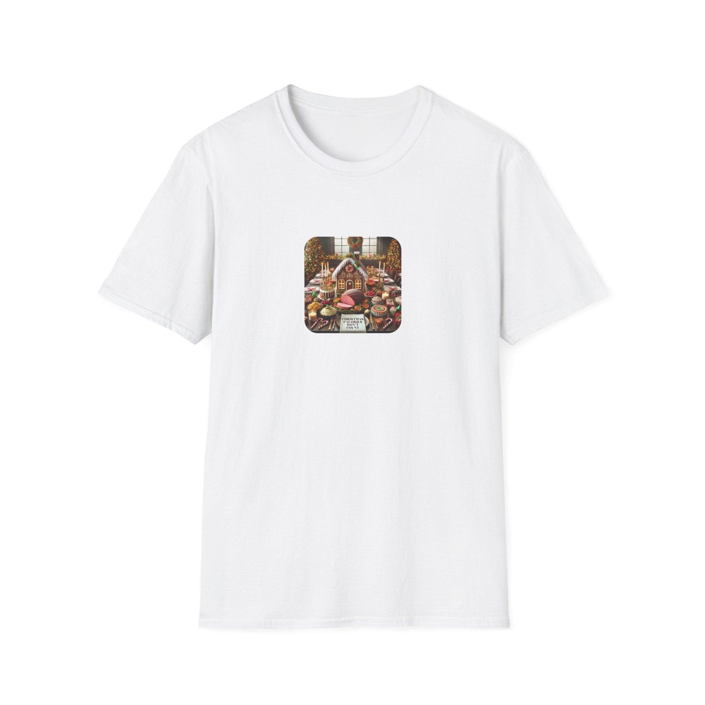Christmas Calories Don’t Count 🎄 – Fun Festive Design with Gingerbread House & Holiday Feast - Unisex Softstyle Tee - Whippie's