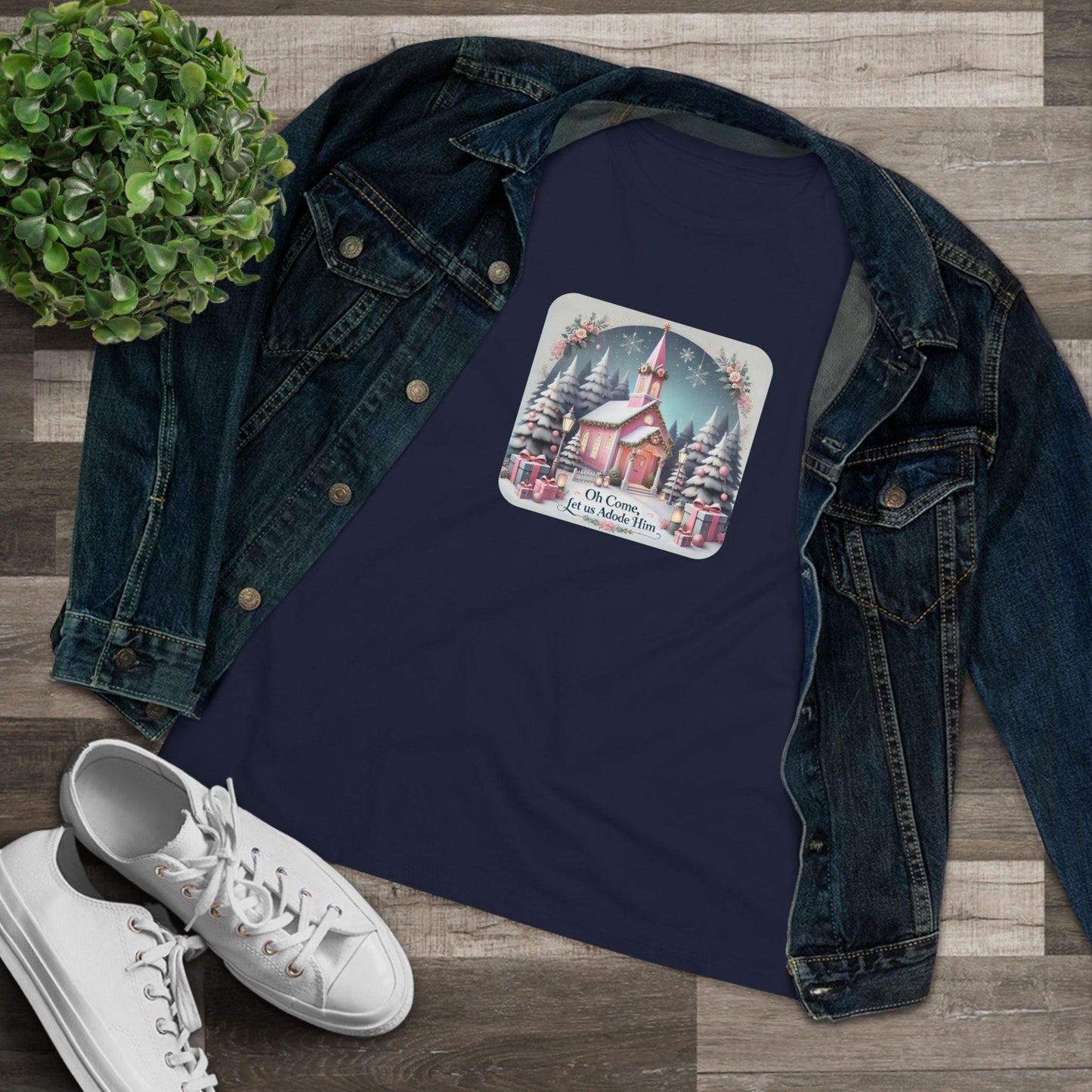 💖⛪ Pink Church - Oh Come, Let Us Adore Him ❄️🎁 - Women's Softstyle Tee - Whippie's
