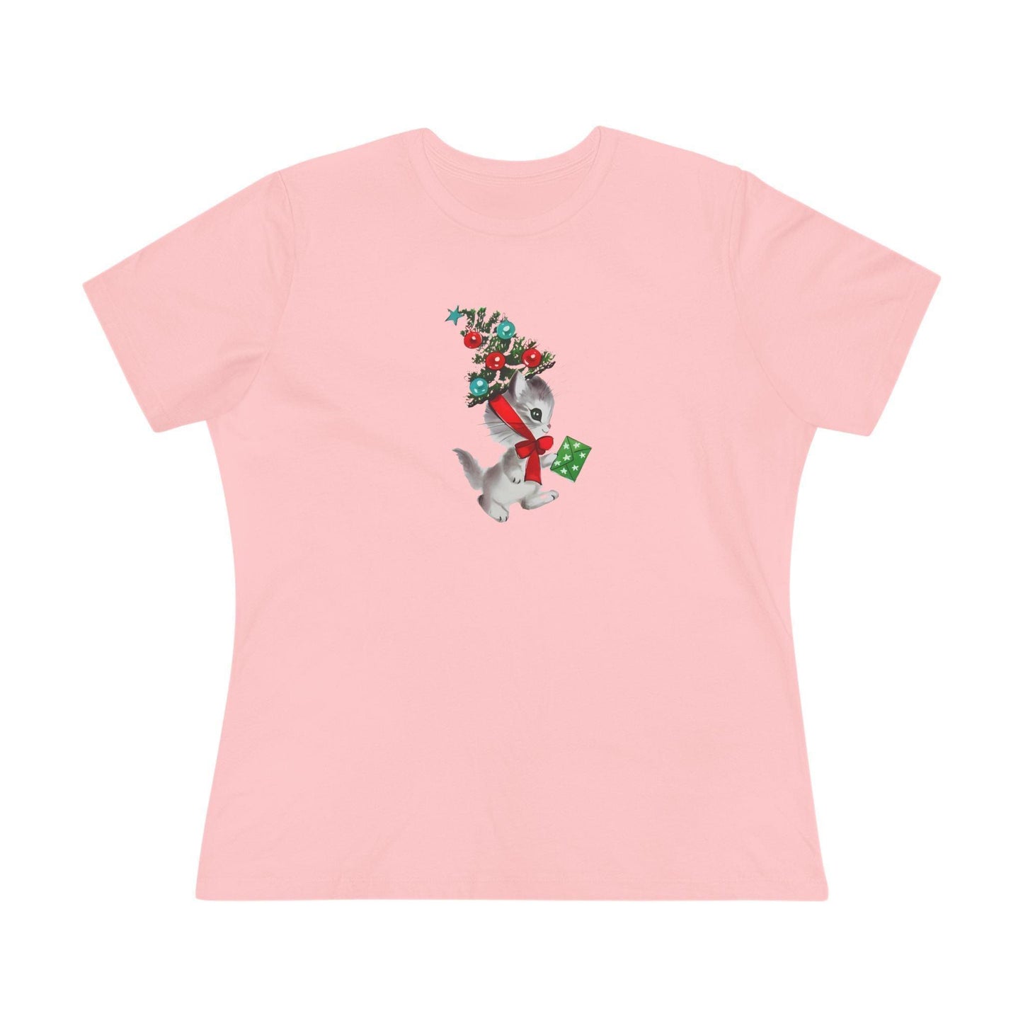 Kittie with Christmas Tree Hat and Card - Women's Softstyle Tee - Whippie's