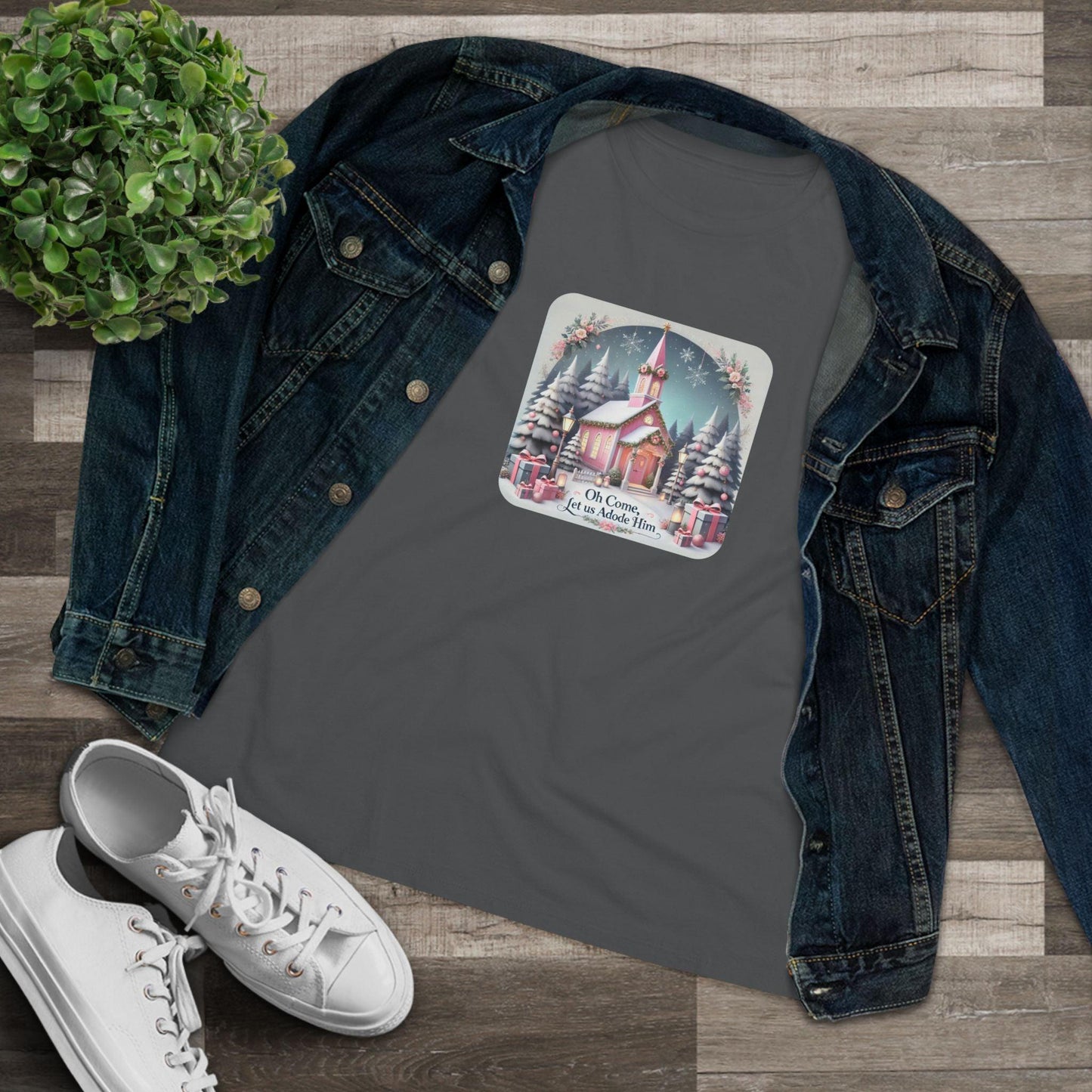 💖⛪ Pink Church - Oh Come, Let Us Adore Him ❄️🎁 - Women's Softstyle Tee - Whippie's