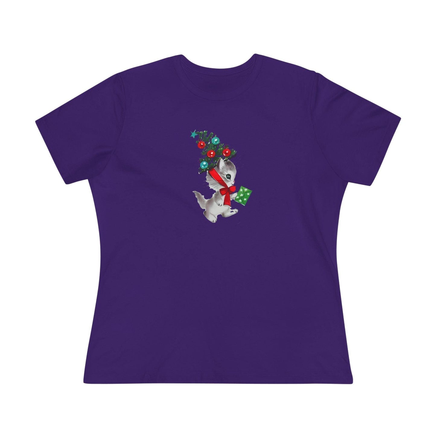 Kittie with Christmas Tree Hat and Card - Women's Softstyle Tee - Whippie's