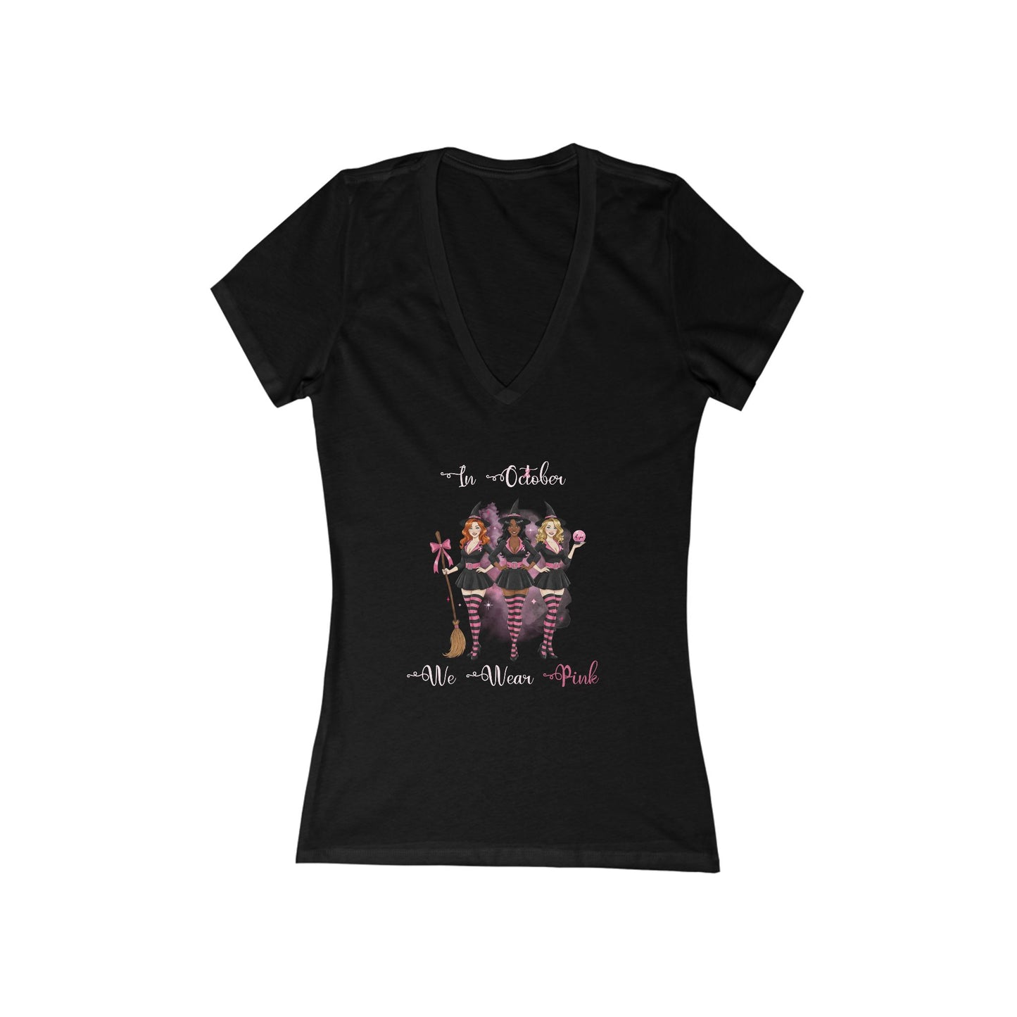 In October We Wear Pink Witches - Breast Cancer Awareness - Deep V-Neck Tee